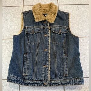 GAP Sherpa Lined Denim Vest Faux Fur Collar Y2K Vintage Large